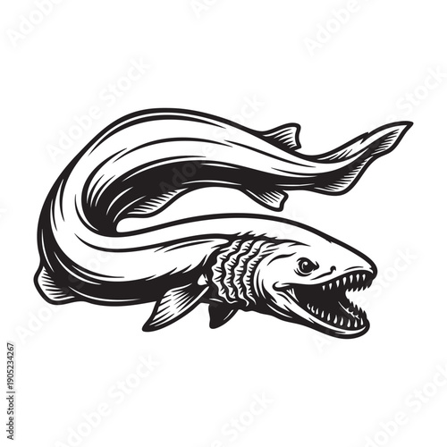 A monochrome illustration captures a detailed depiction of a frilled shark, showcasing the enigmatic beauty and evolutionary uniqueness of the deep-sea creature.