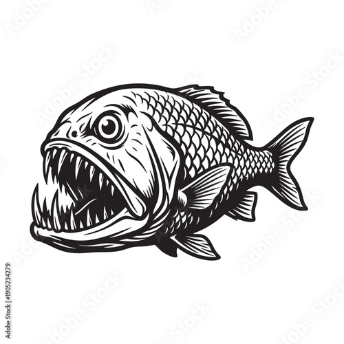 A stylized illustration captures the fearsome image of a piranha, showcasing its predatory teeth and aggressive nature.