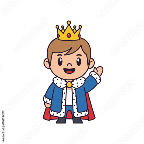 Cute Cartoon King Waving Hand Wearing Crown and Royal Blue Cape