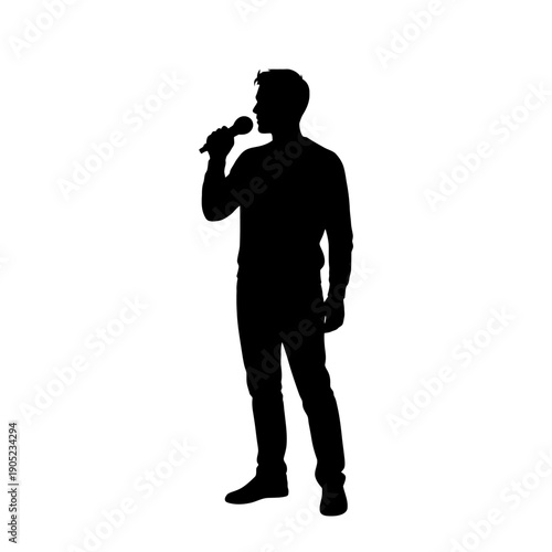 Silhouette of a man singing into a microphone, isolated on white background