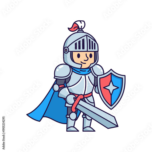 Cartoon Knight in Shining Armor with Sword and Shield