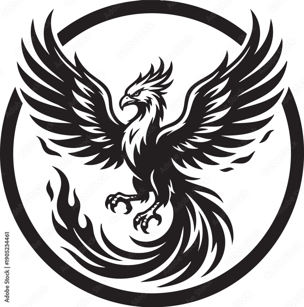 Fototapeta premium A symbol of rebirth and resilience, a majestic phoenix bird rises from flames, its wings outstretched in a powerful display of transformation.