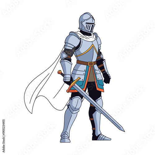 Medieval Knight in Shining Armor with Sword and Cape