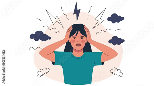 Woman in distress, overwhelmed by stress and anxiety, with lightning and dark clouds