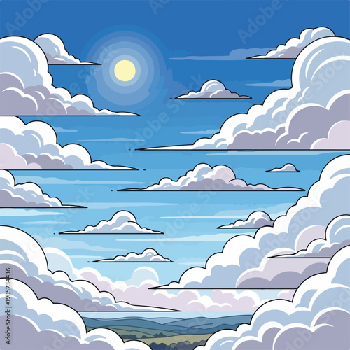 Pixelated artwork of a blue sky, sun, and fluffy white clouds