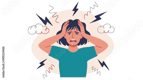 Woman experiencing stress and anxiety with lightning bolts and clouds