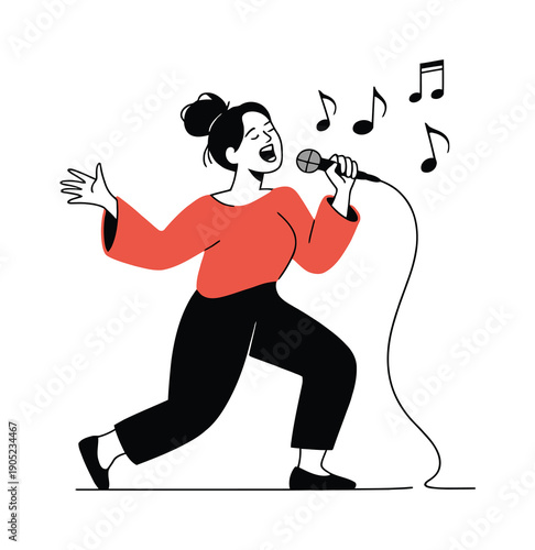 Woman singing with microphone and musical notes, illustration