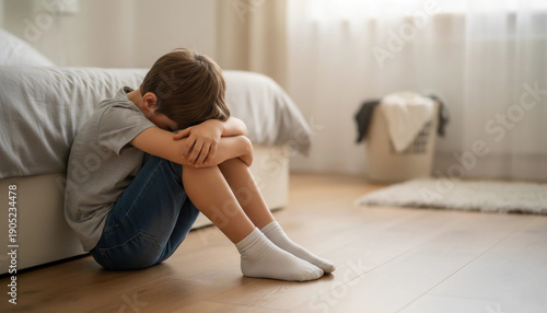A boy sitting alone on wooden bedroom floor, leaning against bed with head down, expressing sadness, loneliness, and emotional struggle. Natural light, mental health lifestyle concept.