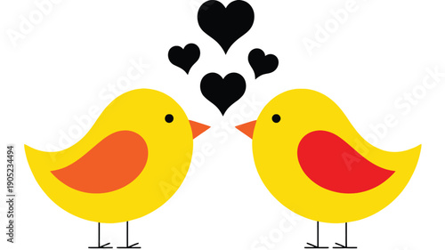 Two Yellow Birds in Love with Black Hearts Floating Above