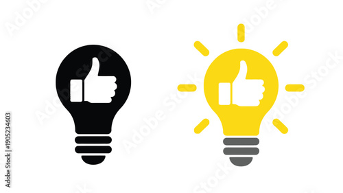 Two Lightbulb with Thumbs Up: One Black, One Yellow and Bright