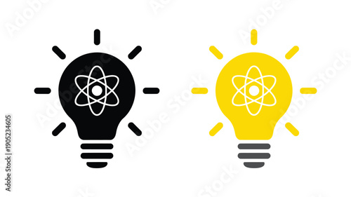 Two lightbulbs with atomic symbols inside, representing scientific ideas and innovation