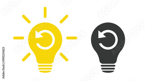 Two light bulb with refresh symbol, one yellow, one dark gray