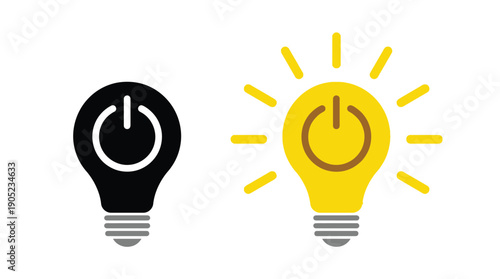 Two light bulb with power symbol, one black and one glowing yellow