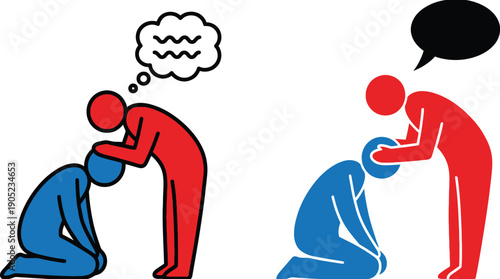 Two figures, one comforting another, with thought and speech bubbles