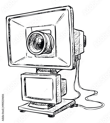 Vintage television camera and monitor setup rendered in a hand drawn sketch style, ideal for media history content, broadcast technology presentations, or film production themes.