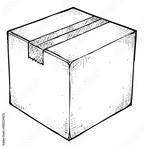 Commercial hand drawn cardboard shipping box taped closed with rough grunge texture perfect for illustrating packaging, delivery, storage, or ecommerce related content