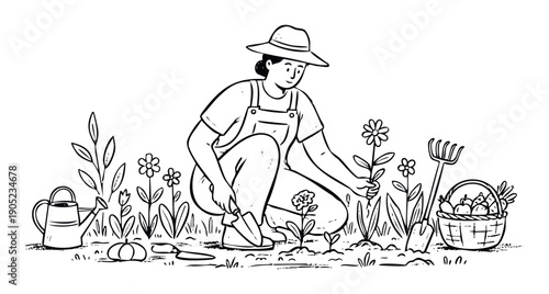 A person in a hat and overalls engages in gardening, planting flowers with a trowel and tending to plants surrounded by garden tools and fresh produce, perfect for promoting sustainable