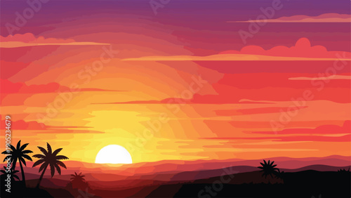 Pixelated artwork of a sunset over palm trees and distant hills