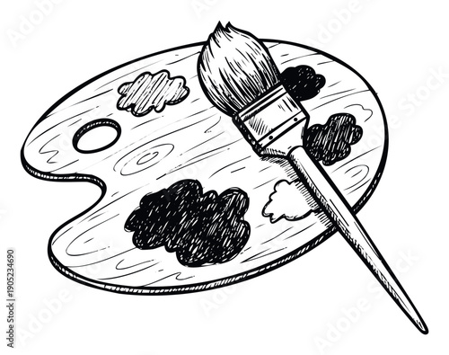 Sketchy drawing of a classic painters palette displaying various paint patches and a brush resting on its surface, suitable for educational resources, hobby blogs, and creative workshops.