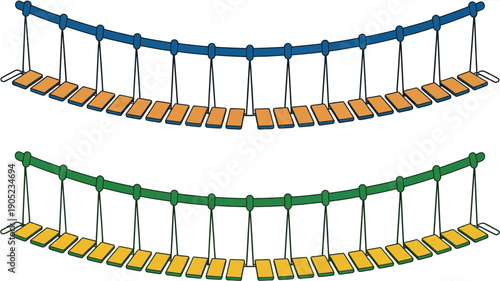 Two Cartoon Rope Bridges with Wooden Steps, One Blue, One Green