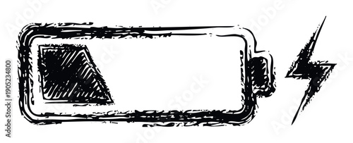 Hand drawn grunge style low battery level icon with lightning symbol indicating charging status for mobile devices power usage tracking and energy management graphics