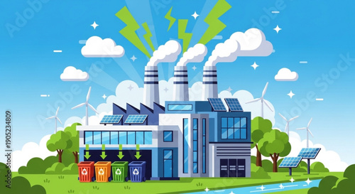 Eco friendly factory with solar panels and wind turbines generating clean energy on a sunny day with recycling bins