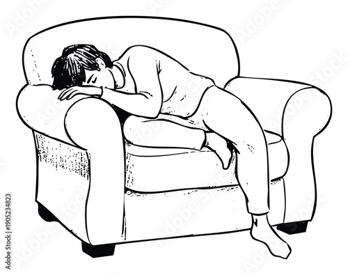 A weary individual peacefully asleep in a comfortable armchair, perfect for themes of relaxation, comfort, rest, stress relief, and home life