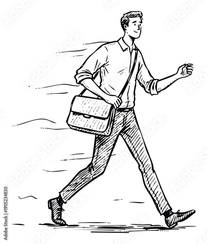 A busy energetic man in a collared shirt and messenger bag walking quickly with motion lines, perfect for conveying movement and professional activity in business or lifestyle marketing