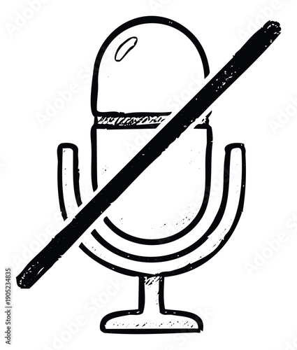 Monochrome scratched effect microphone mute sign suitable for interactive digital presentation tools video conferencing platforms and online streaming services