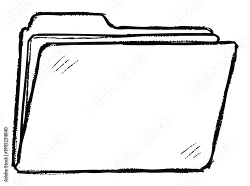 Handdrawn grunge outline of a file folder with multiple documents, useful for illustrating information organization, data management, and office themes.