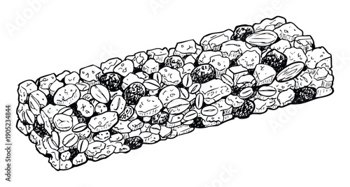 Wholesome hand drawn granola snack bar with nuts and dried fruits perfect for healthy eating illustrations or food packaging designs