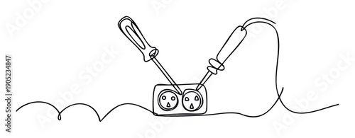 Monoline sketch featuring an electrical socket and repair tools such as a screwdriver and soldering iron, suitable for showcasing professional electrical services, DIY projects, or safety