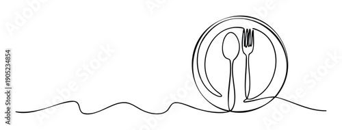 Continuous line drawing of a plate with a spoon and fork symbolizing a restaurant, dinner, or culinary experience, ideal for foodrelated marketing materials and menu covers