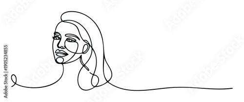 Abstract continuous line drawing capturing the graceful profile of a womans face and flowing hair, ideal for modern branding, minimalist decor, or sophisticated graphic prints and wall