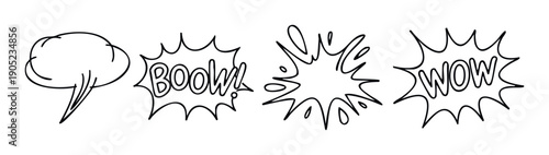 Collection of handdrawn comic style speech and sound effect bubbles including BOOM and WOW perfect for graphic novels, social media posts, animated shorts, or game interface elements.