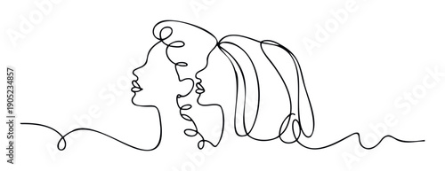 Continuous line drawing portraying two womens profiles in conversation, symbolizing connection and unity, perfect for branding, communication, or emotional themes.