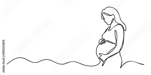 Continuous line art of an expectant mother gently caressing her abdomen symbolizing love and anticipation ideal for fertility clinics, maternity services, and parenting blogs.