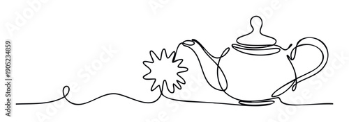 Minimalist single continuous line drawing of a charming teapot with an abstract splash graphic perfect for tea house branding and beverage related marketing campaigns