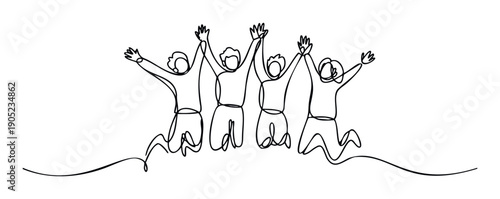 Continuous line drawing of five happy people jumping together with arms raised symbolizing success teamwork and excitement ideal for conveying unity and celebration in various projects