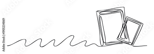 Stylized single continuous stroke illustration featuring two sleek overlapping rectangular frames connected by a delicate wavy base, excellent for engaging minimalist visual communication