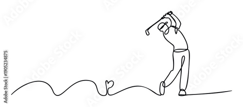 Minimalist single line drawing of a golfer in action with a club, illustrating the passion for sports and leisure activities, perfect for active lifestyle promotions and event marketing