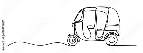Minimalist continuous line drawing of a traditional Asian auto rickshaw illustrating simple transportation solutions for travel and tourism marketing materials