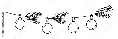 Simple hand drawn Christmas garland with fir branches and decorative baubles perfect for holiday season greetings, invitations, or winter themed digital and print media.