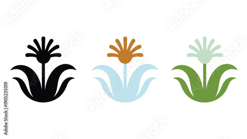 Three stylized floral in black, brown and blue, and green and light green