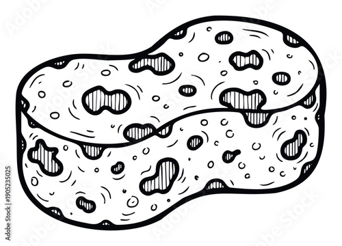 Hand drawn black outline doodle of a porous cleaning sponge with a textured surface, perfect for household chores, bathing, or hygiene product visuals.
