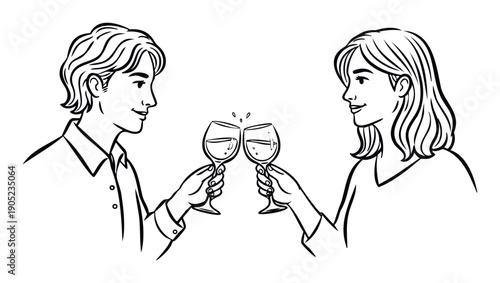 Smiling Asian man and woman happily clinking wine glasses together in celebration of a special event or romantic anniversary, perfect for lifestyle and relationship content