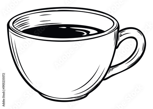 Bold black and white outline drawing of a coffee mug, suitable for minimalist brand identities, restaurant signage, or simple apparel designs.