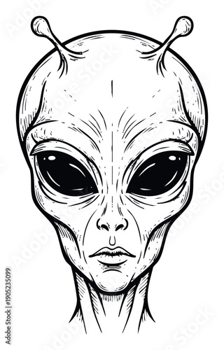 Graphic depiction of an alien beings head with large dark eyes and antennae, perfect for science fiction projects, futuristic designs, or adding a mysterious vibe to any work.