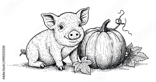 Adorable farm animal piglet sitting next to a plump ripe autumn pumpkin with accompanying leaves, perfect for harvest season marketing campaigns and agricultural themed merchandise