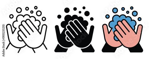 Three icons depicting hands washing with soap and bubbles, in different styles